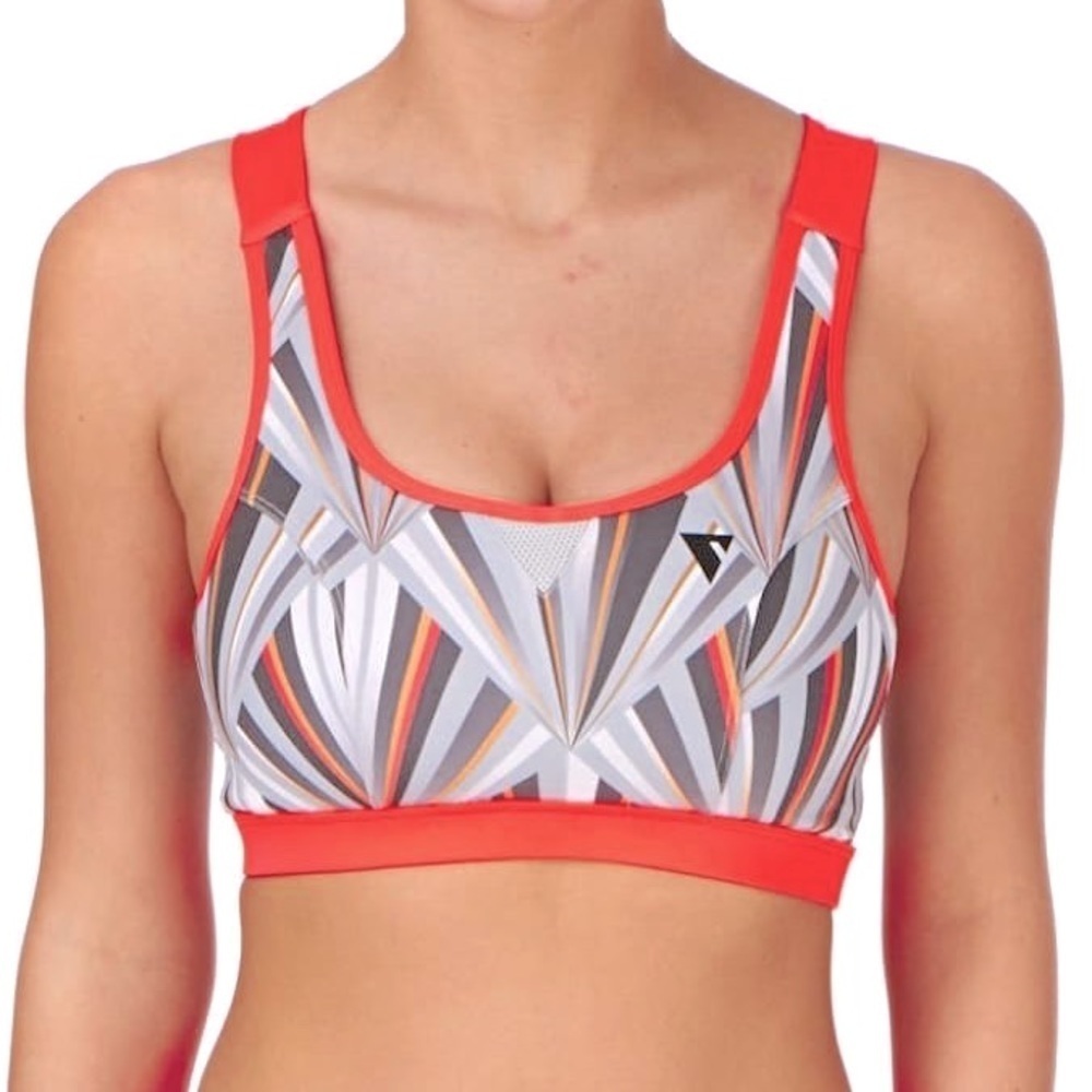 YAS Sports Bra Yasbeam Neon Red Grey White Geometric Print Size S NWT
